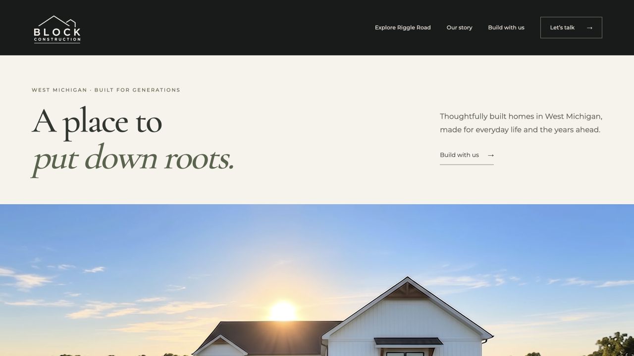 Block Construction website with warm ivory typography and a sunlit home photograph